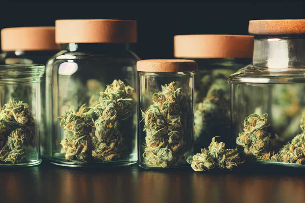 Jars of marijuana highlighting the importance of storage longevity for cannabis preservation
